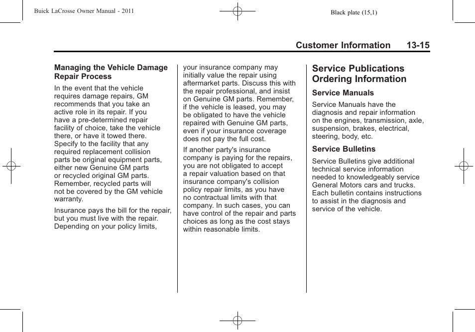 Service publications ordering information, Service publications, Ordering information -15 | Buick 2011 Lacrosse User Manual | Page 443 / 462