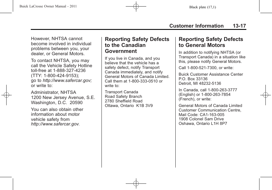 Reporting safety defects to general motors, Reporting safety defects to, Canadian government -17 | Defects to, General motors -17 | Buick 2011 Lacrosse User Manual | Page 445 / 462