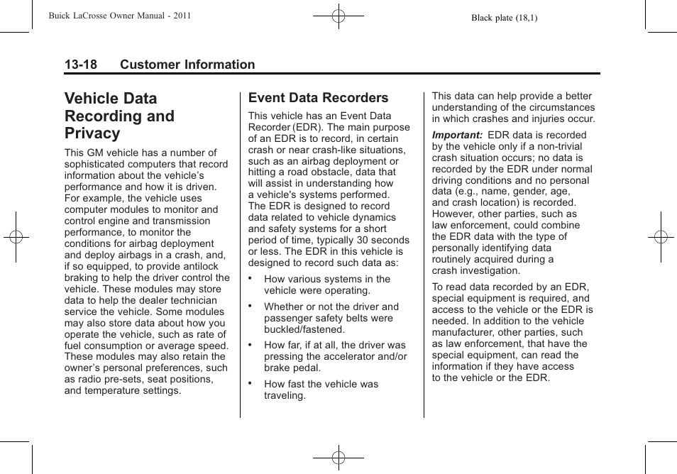 Vehicle data recording and privacy, Event data recorders, Vehicle data recording and | Privacy -18, Event data recorders -18, 18 customer information | Buick 2011 Lacrosse User Manual | Page 446 / 462