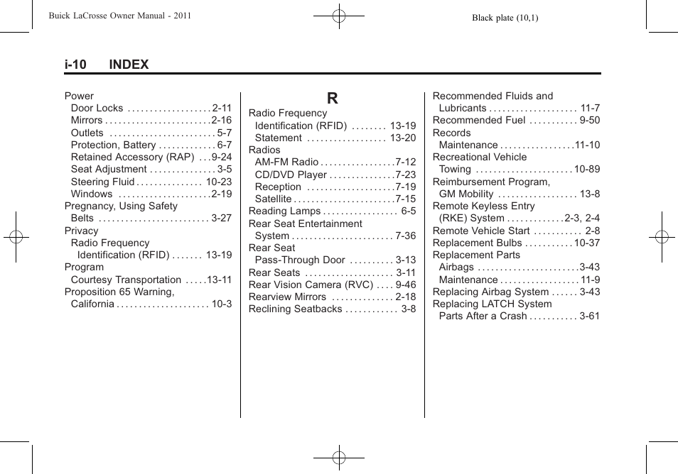 Index_r, I-10 index | Buick 2011 Lacrosse User Manual | Page 458 / 462