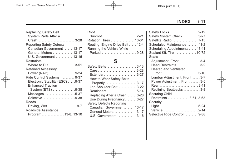 Index_s, Index i-11 | Buick 2011 Lacrosse User Manual | Page 459 / 462