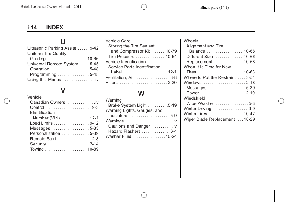 Index_u, Index_v, Index_w | Buick 2011 Lacrosse User Manual | Page 462 / 462