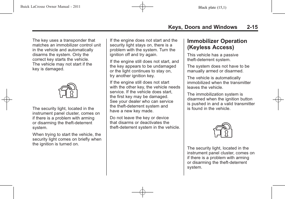 Immobilizer operation (keyless access), Immobilizer operation, Keyless access) -15 | Keys, doors and windows 2-15 | Buick 2011 Lacrosse User Manual | Page 47 / 462