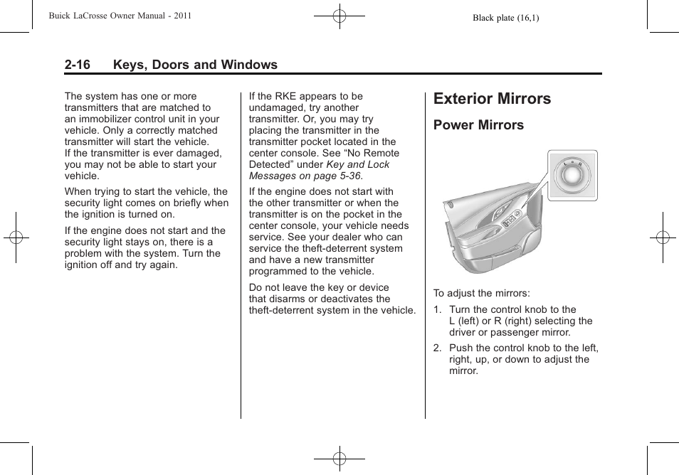 Exterior mirrors, Power mirrors, Exterior mirrors -16 | Universal remote, Power mirrors -16 | Buick 2011 Lacrosse User Manual | Page 48 / 462