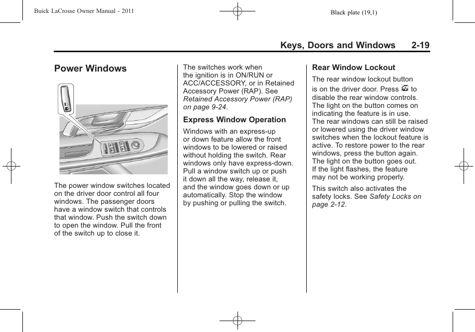 Power windows, Windows -19 | Buick 2011 Lacrosse User Manual | Page 51 / 462
