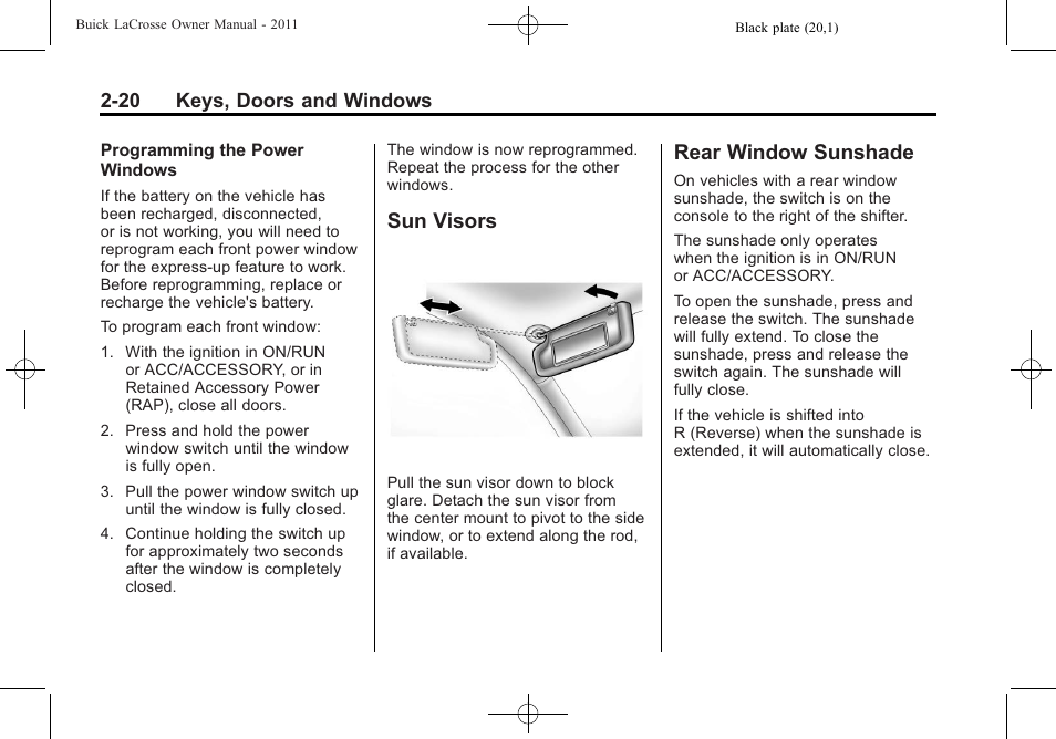 Sun visors, Rear window sunshade, Sun visors -20 rear window sunshade -20 | Buick 2011 Lacrosse User Manual | Page 52 / 462