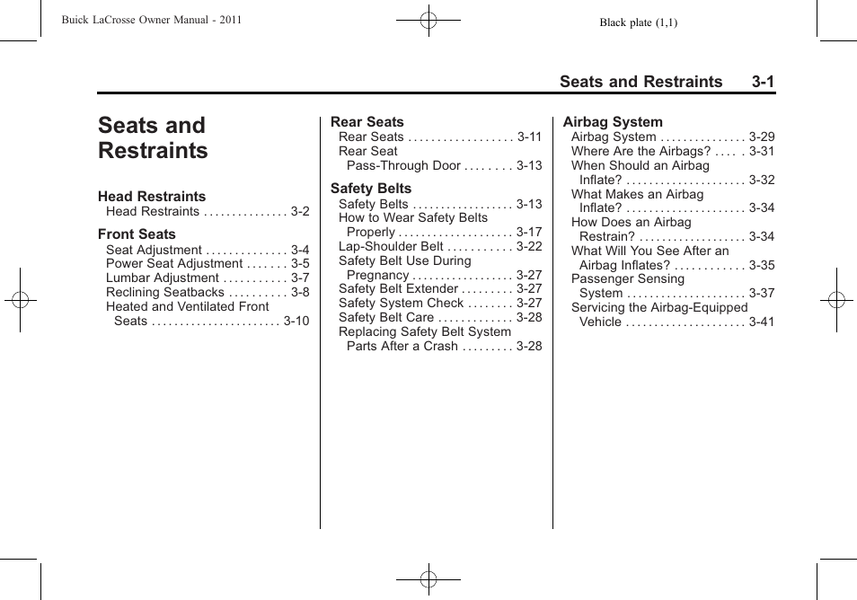 Seats and restraints, Seats and restraints -1 | Buick 2011 Lacrosse User Manual | Page 55 / 462