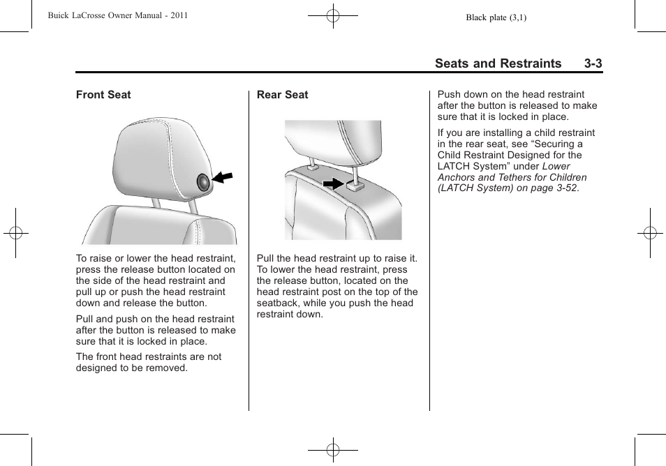 Seats and restraints 3-3 | Buick 2011 Lacrosse User Manual | Page 57 / 462