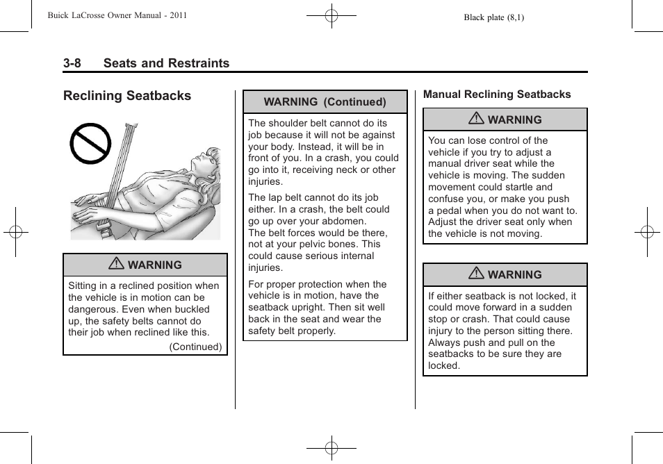 Reclining seatbacks, Reclining seatbacks -8, Safety | Buick 2011 Lacrosse User Manual | Page 62 / 462