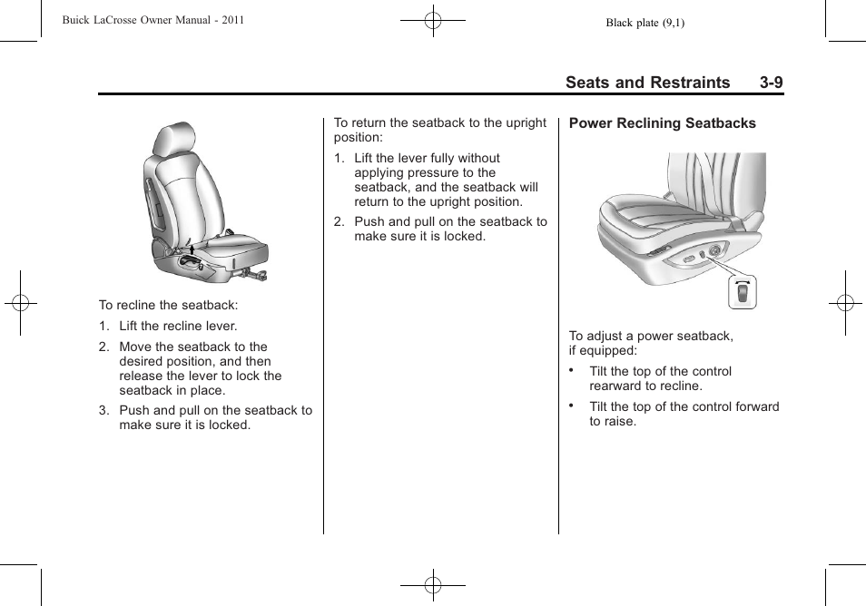 Seats and restraints 3-9 | Buick 2011 Lacrosse User Manual | Page 63 / 462