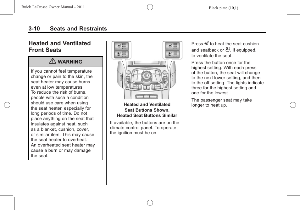 Heated and ventilated front seats, Heated and ventilated front, Seats -10 | Buick 2011 Lacrosse User Manual | Page 64 / 462