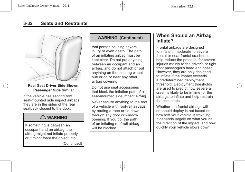 When should an airbag inflate, When should an airbag, Inflate? -32 | Buick 2011 Lacrosse User Manual | Page 86 / 462