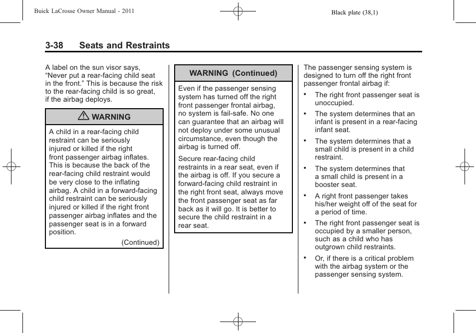 38 seats and restraints | Buick 2011 Lacrosse User Manual | Page 92 / 462