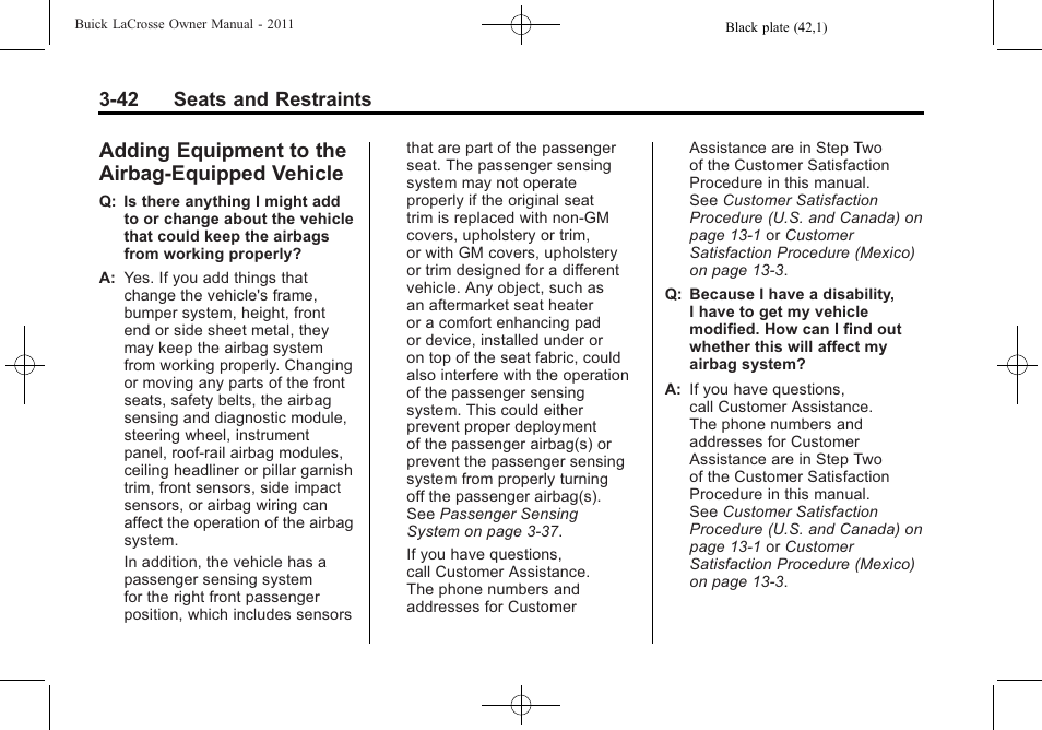 Adding equipment to the airbag-equipped vehicle, Adding equipment to the, Airbag-equipped vehicle -42 | Buick 2011 Lacrosse User Manual | Page 96 / 462