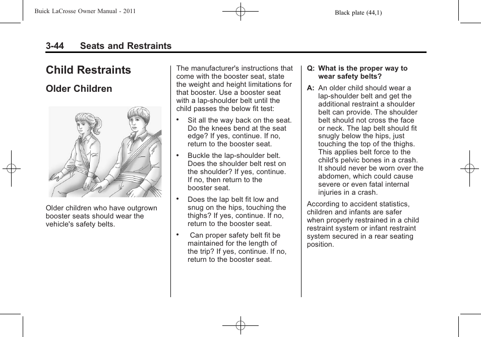 Child restraints, Older children, Child restraints -44 | Older children -44, 44 seats and restraints | Buick 2011 Lacrosse User Manual | Page 98 / 462