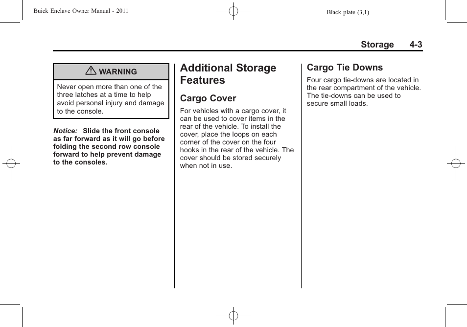 Additional storage features, Cargo cover, Cargo tie downs | Storage features -3, Phone, Cargo cover -3 cargo tie downs -3 | Buick 2011 Enclave User Manual | Page 115 / 434