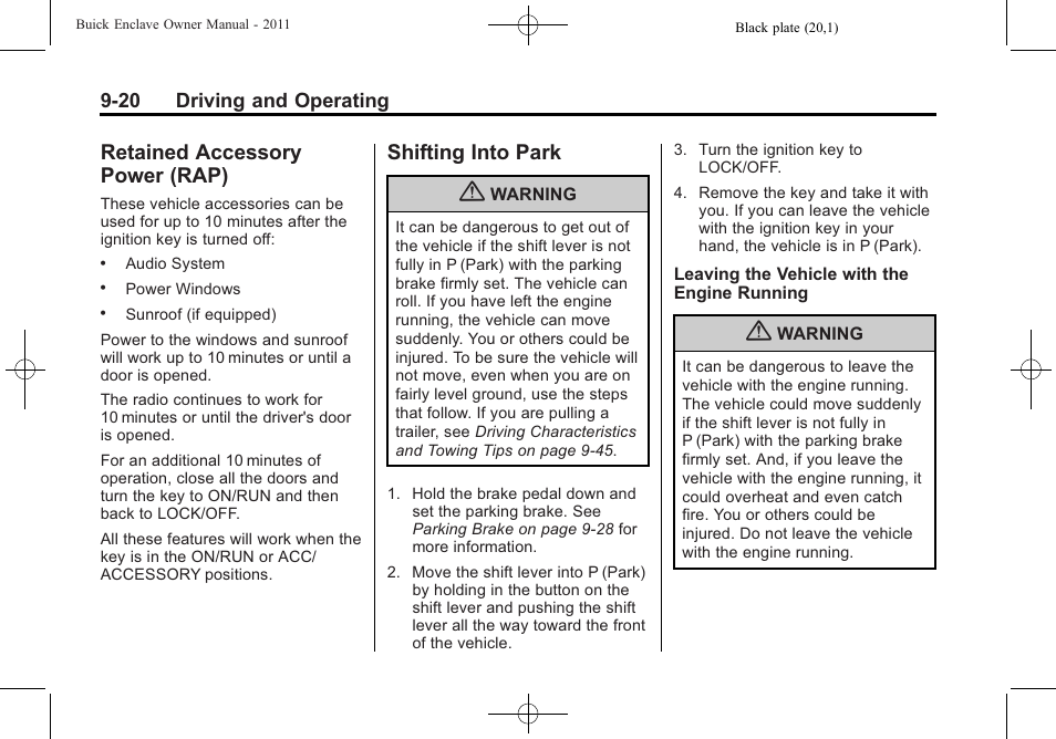 Retained accessory power (rap), Shifting into park, Retained accessory | Power (rap) -20, Shifting into park -20, Object | Buick 2011 Enclave User Manual | Page 258 / 434