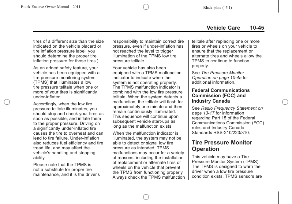 Tire pressure monitor operation, Tire pressure monitor, Operation -45 | Buick 2011 Enclave User Manual | Page 337 / 434