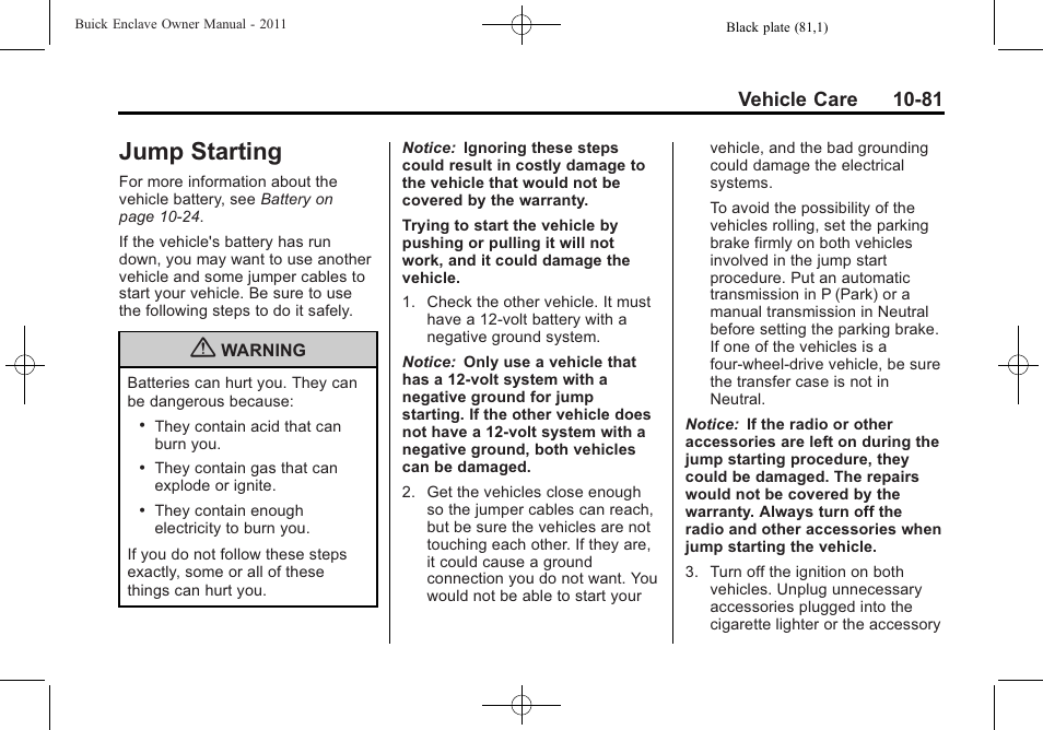 Jump starting, Starting -81, Jump starting -81 | Vehicle care 10-81 | Buick 2011 Enclave User Manual | Page 373 / 434