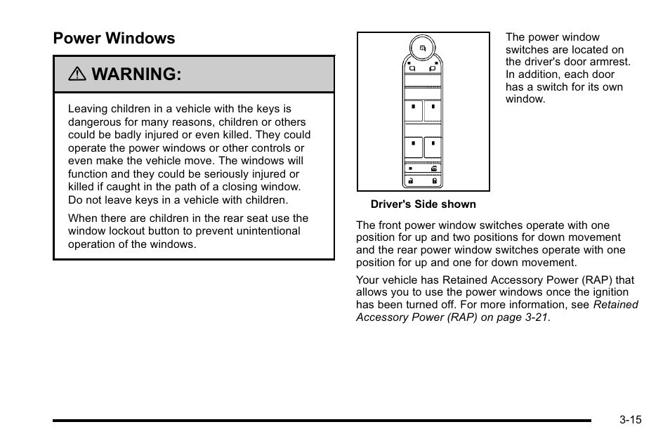 Power windows, Power windows -15, Warning | Buick 2010 Lucerne User Manual | Page 123 / 474
