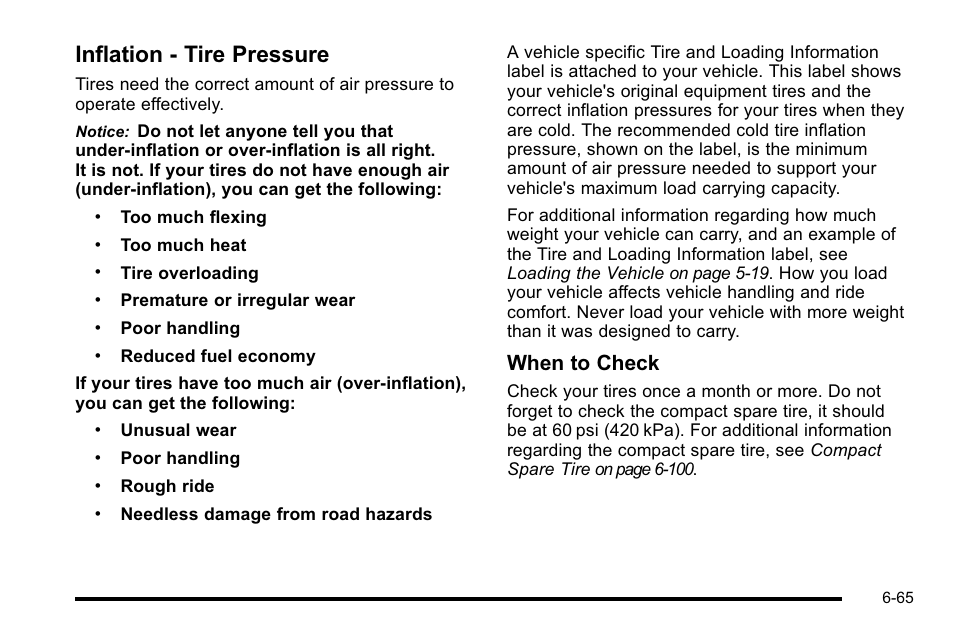 Inflation - tire pressure, Inflation - tire pressure -65, When to check | Buick 2010 Lucerne User Manual | Page 367 / 474