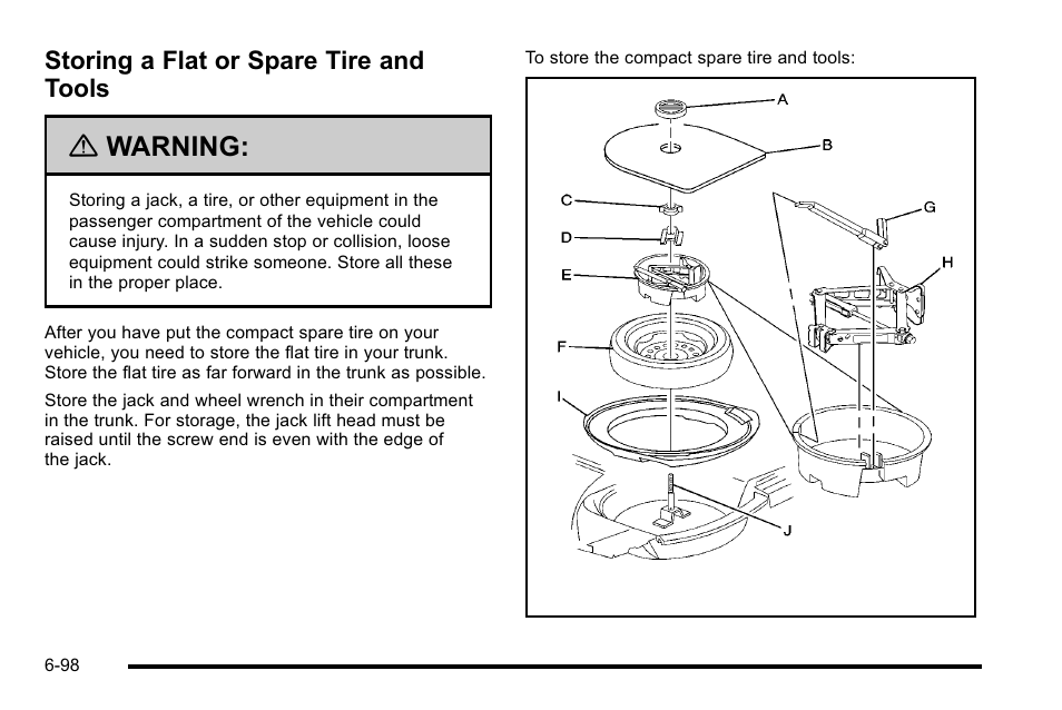 Storing a flat or spare tire and tools, Storing a flat or spare tire and tools -98, Warning | Buick 2010 Lucerne User Manual | Page 400 / 474