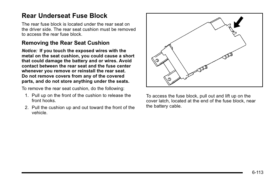 Rear underseat fuse block, Rear underseat fuse block -113 | Buick 2010 Lucerne User Manual | Page 415 / 474
