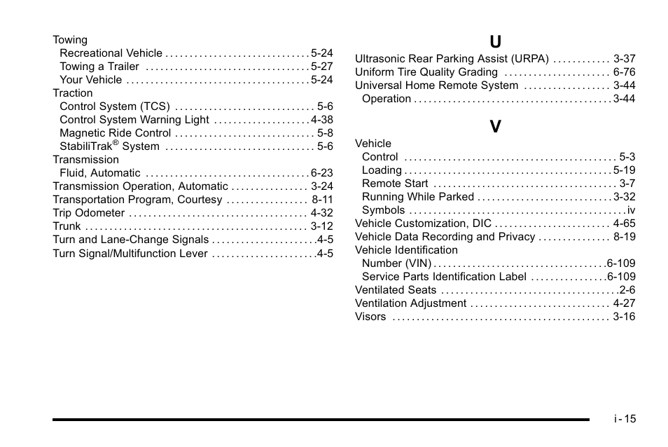 Index_u, Index_v | Buick 2010 Lucerne User Manual | Page 473 / 474