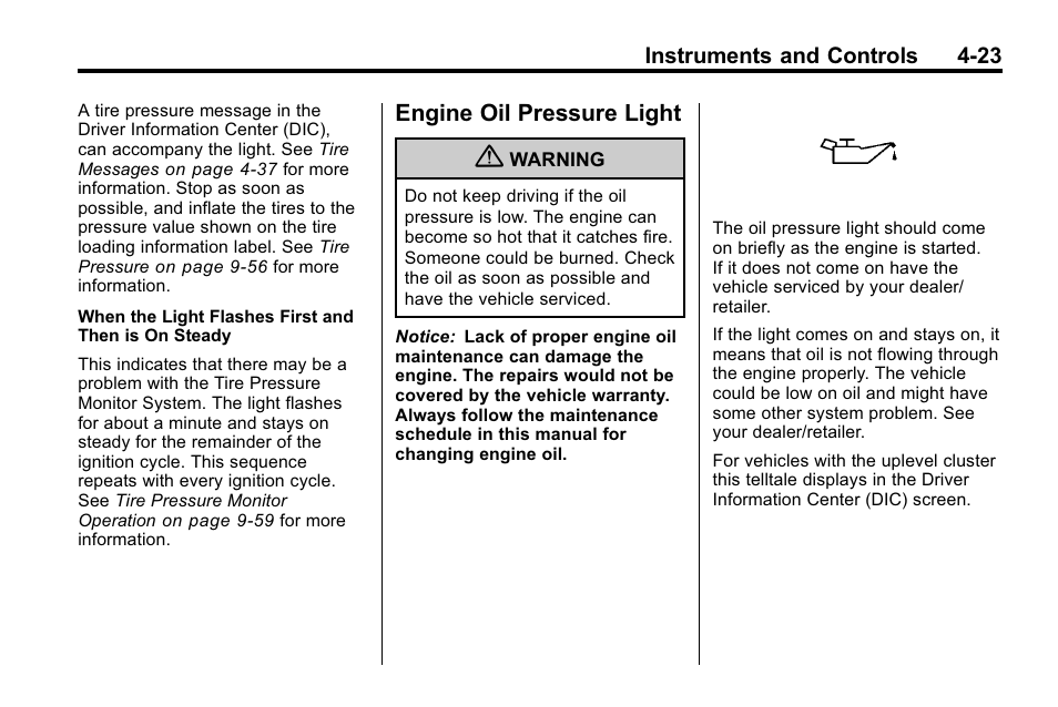 Engine oil pressure light, Engine oil pressure light -23 | Buick 2010 Lacrosse User Manual | Page 109 / 418