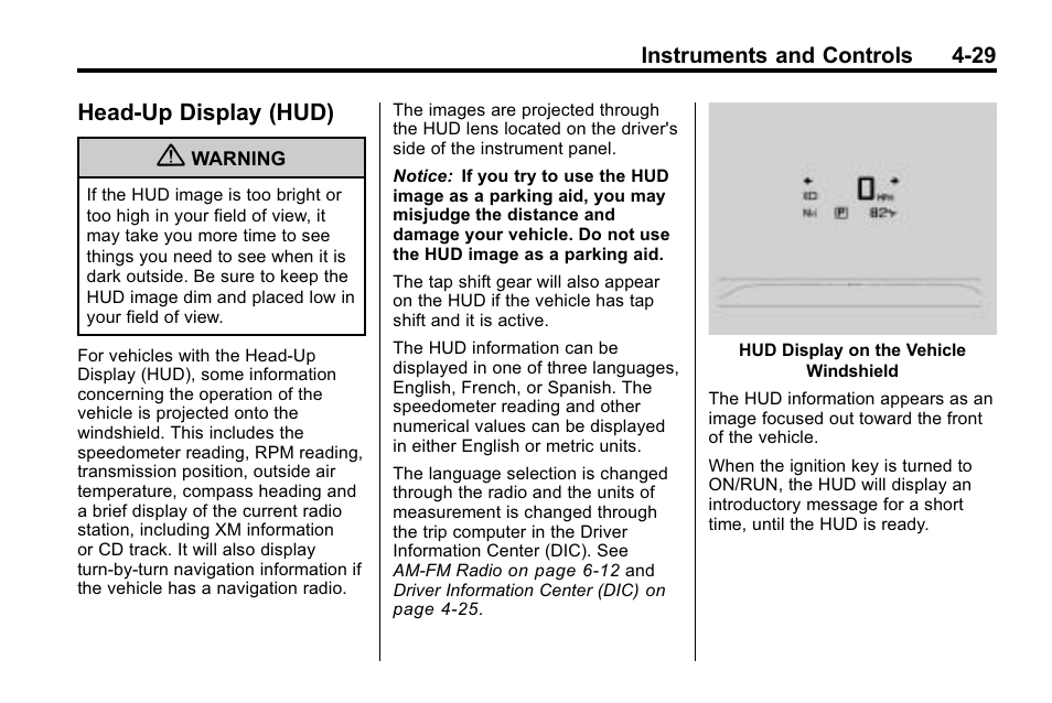 Head-up display (hud), Head-up display (hud) -29, Messages | Head-up display (hud) on | Buick 2010 Lacrosse User Manual | Page 115 / 418