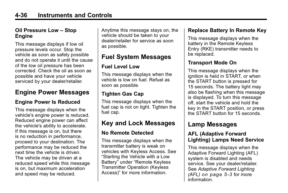 Engine power messages, Fuel system messages, Key and lock messages | Lamp messages, Universal, Operation | Buick 2010 Lacrosse User Manual | Page 122 / 418