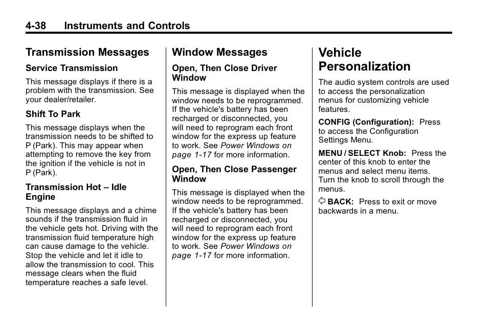 Transmission messages, Window messages, Vehicle personalization | Personalization -38, Starting and operating, Transmission messages -38 window messages -38 | Buick 2010 Lacrosse User Manual | Page 124 / 418