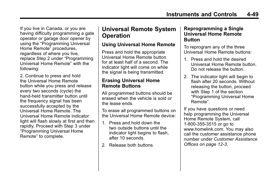 Universal remote system operation, Remote system, Instruments and controls 4-49 | Buick 2010 Lacrosse User Manual | Page 135 / 418