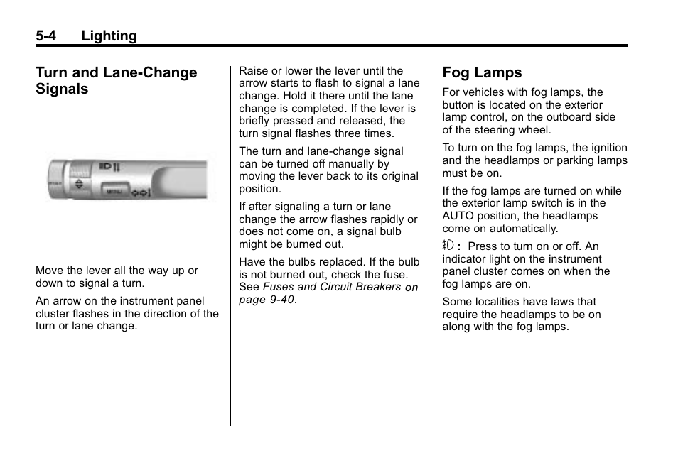 Turn and lane-change signals, Fog lamps, Turn and lane-change | Signals -4, Fog lamps -4 | Buick 2010 Lacrosse User Manual | Page 140 / 418