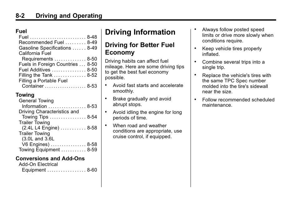 Driving information, Driving for better fuel economy, Driving information -2 | Driving for better fuel, Economy -2, 2 driving and operating | Buick 2010 Lacrosse User Manual | Page 222 / 418