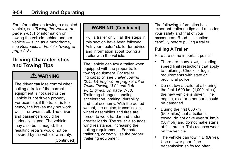 Driving characteristics and towing tips, Driving characteristics and, Towing tips -54 | Periods of time, 54 driving and operating | Buick 2010 Lacrosse User Manual | Page 274 / 418