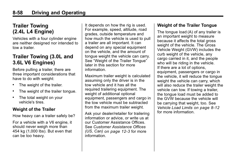Trailer towing (2.4l l4 engine), Trailer towing (3.0l and 3.6l v6 engines), Trailer towing | 4l l4 engine) -58, 0l and 3.6l v6 engines) -58, 58 driving and operating | Buick 2010 Lacrosse User Manual | Page 278 / 418