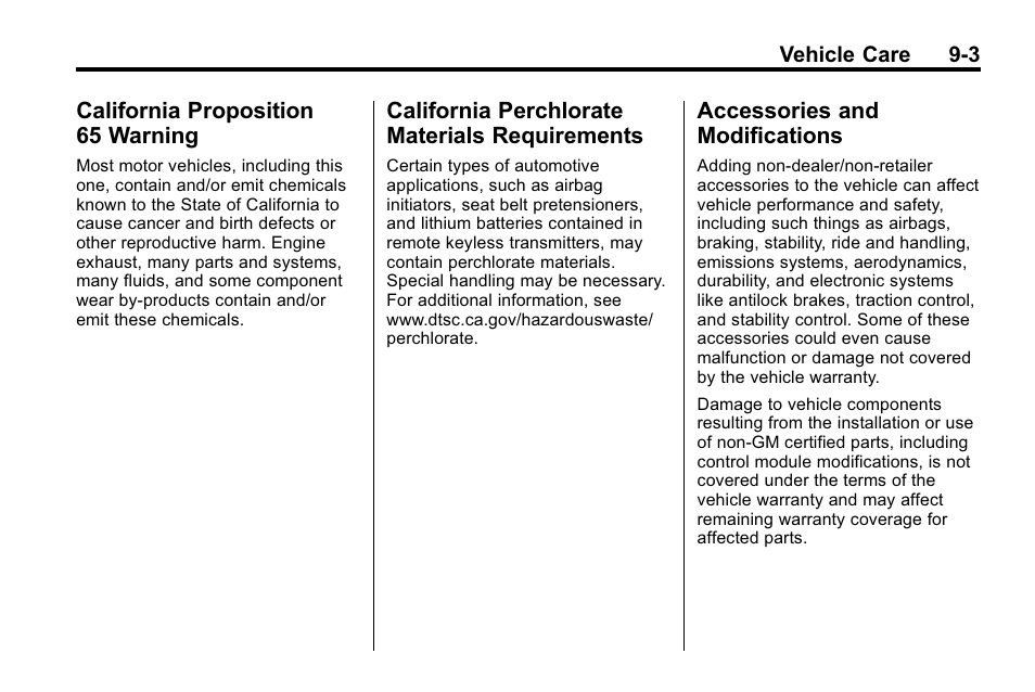 California proposition 65 warning, California perchlorate materials requirements, Accessories and modifications | California proposition, 65 warning -3, California perchlorate materials, Requirements -3, Accessories and, Modifications -3 | Buick 2010 Lacrosse User Manual | Page 283 / 418