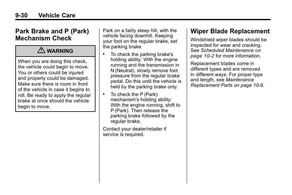 Park brake and p (park) mechanism check, Wiper blade replacement, Park brake and p (park) | Check -30, Blade replacement -30 | Buick 2010 Lacrosse User Manual | Page 310 / 418