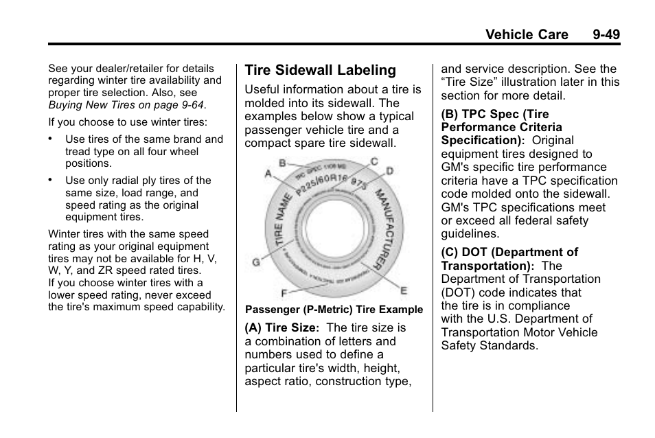 Tire sidewall labeling, Tire sidewall labeling -49, Vehicle care 9-49 | Buick 2010 Lacrosse User Manual | Page 329 / 418
