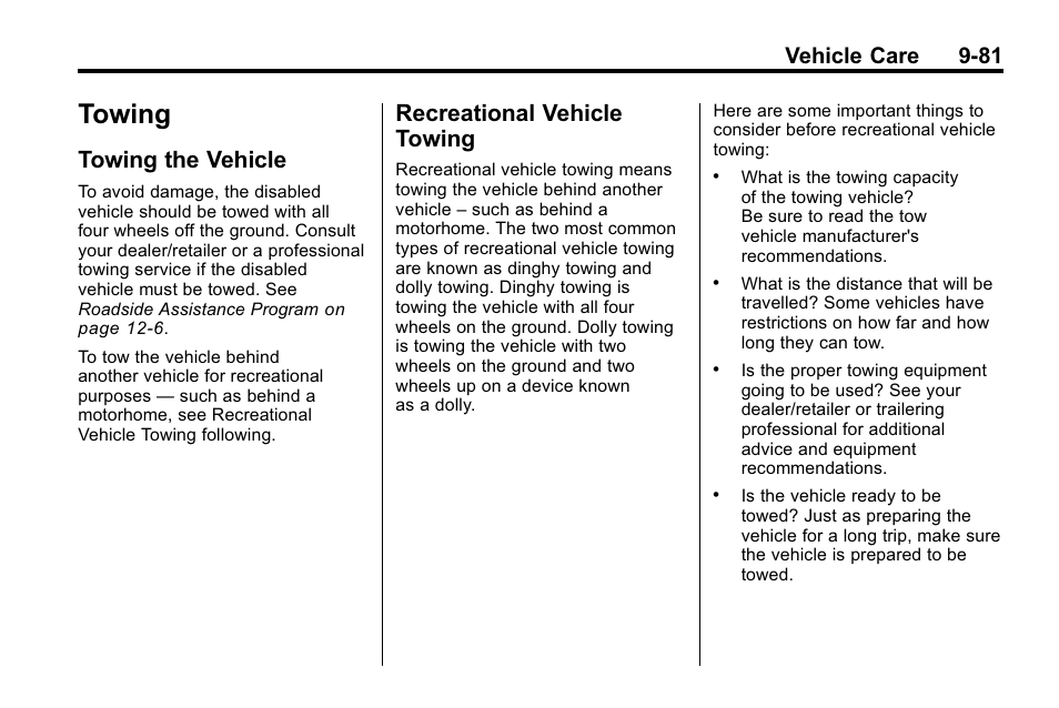 Towing, Towing the vehicle, Recreational vehicle towing | Towing -81, Privacy, Owing the vehicle -81 recreational vehicle, Vehicle care 9-81 | Buick 2010 Lacrosse User Manual | Page 361 / 418
