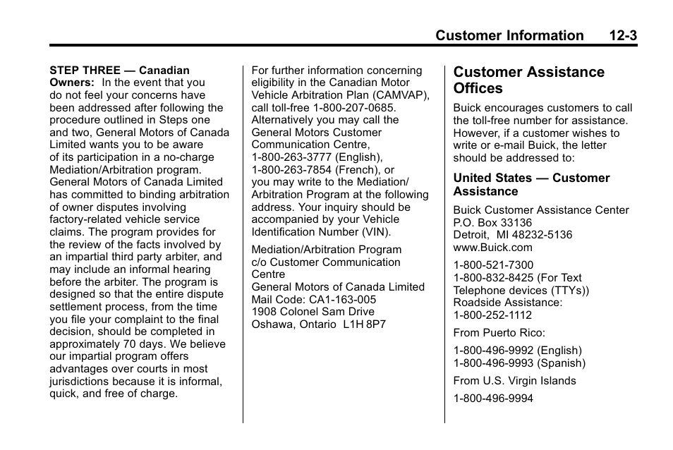 Customer assistance offices, Us, can) -3, Vehicle | Customer information 12-3 | Buick 2010 Lacrosse User Manual | Page 391 / 418