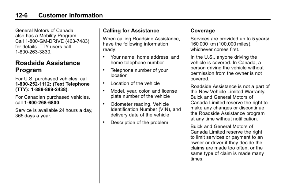 Roadside assistance program, Roadside assistance, Program -6 | Radio frequency, 6 customer information | Buick 2010 Lacrosse User Manual | Page 394 / 418