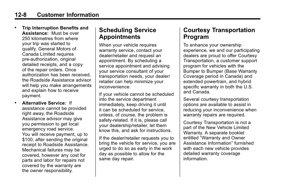 Scheduling service appointments, Courtesy transportation program, Scheduling service | Appointments -8, Courtesy transportation, Program -8, 8 customer information | Buick 2010 Lacrosse User Manual | Page 396 / 418