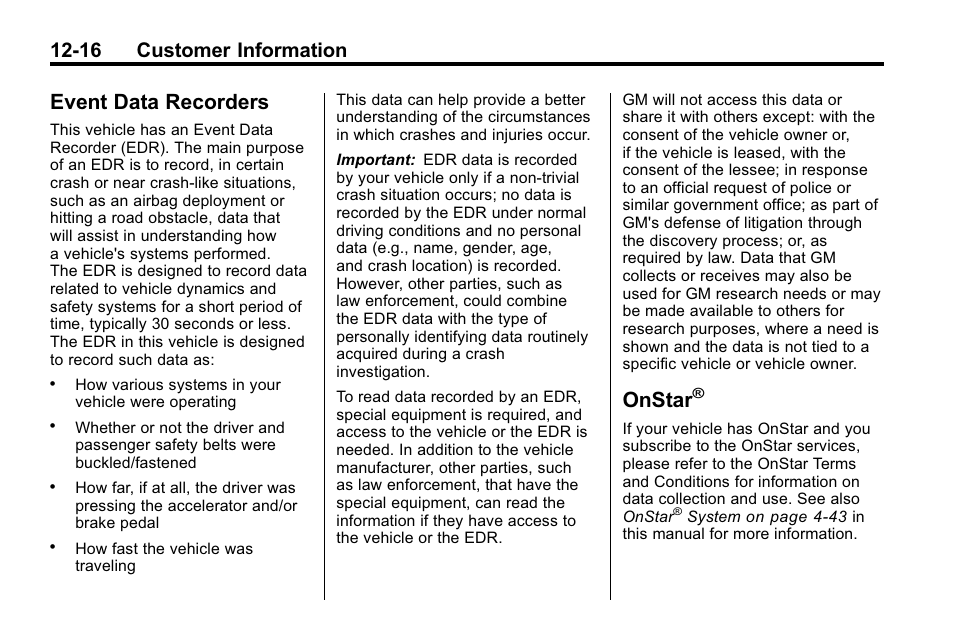 Event data recorders, Onstar, Event data recorders -16 onstar | 16 customer information | Buick 2010 Lacrosse User Manual | Page 404 / 418
