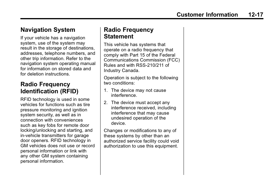 Navigation system, Radio frequency identification (rfid), Radio frequency statement | Navigation system -17, Identification (rfid) -17, Radio frequency, Statement -17 | Buick 2010 Lacrosse User Manual | Page 405 / 418