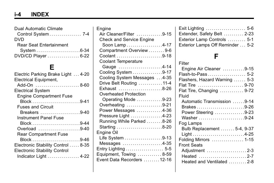 Index_e, Index_f, I-4 index | Buick 2010 Lacrosse User Manual | Page 410 / 418