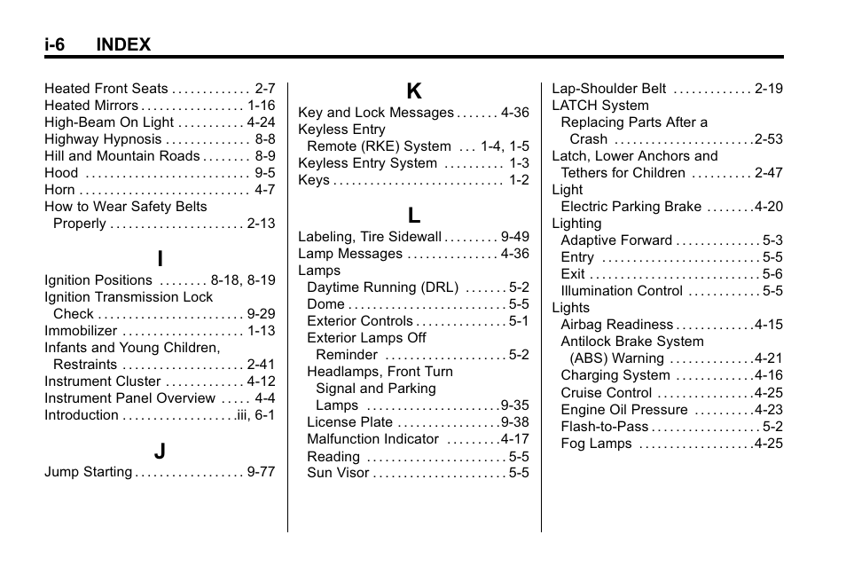 Index_i, Index_j, Index_k | Index_l, I-6 index | Buick 2010 Lacrosse User Manual | Page 412 / 418