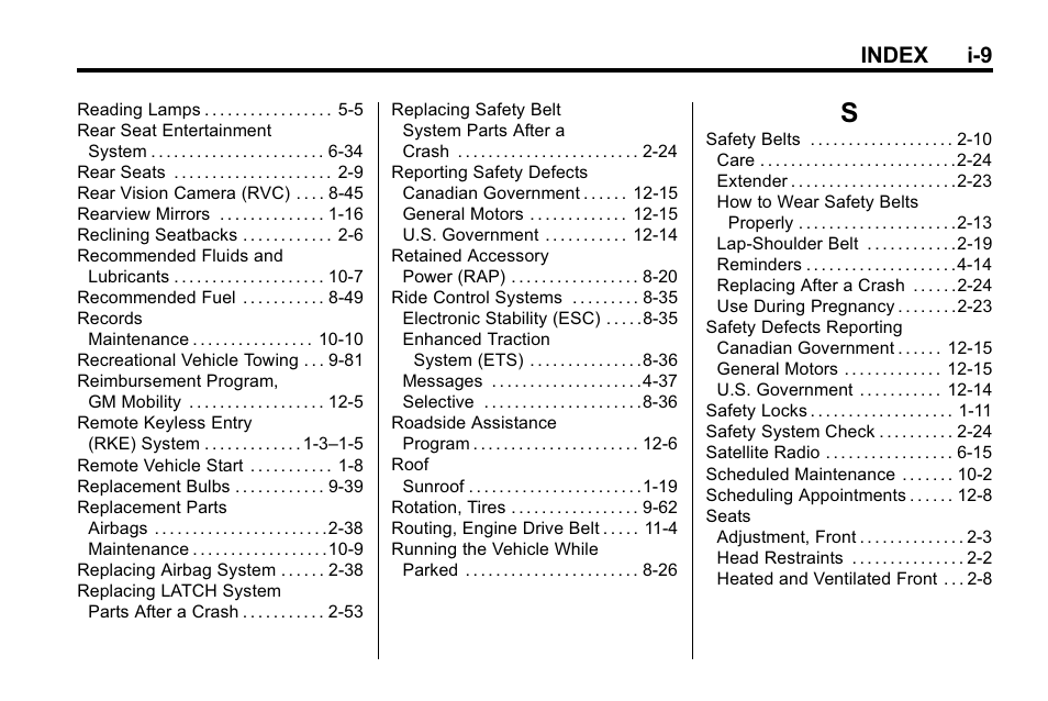 Index_s, Index i-9 | Buick 2010 Lacrosse User Manual | Page 415 / 418
