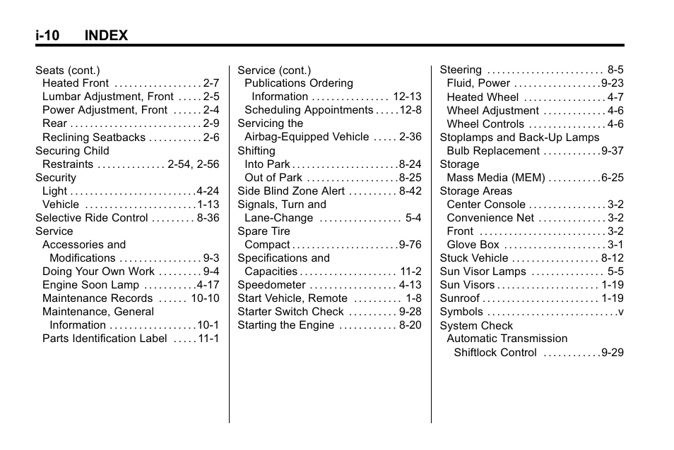 I-10 index | Buick 2010 Lacrosse User Manual | Page 416 / 418